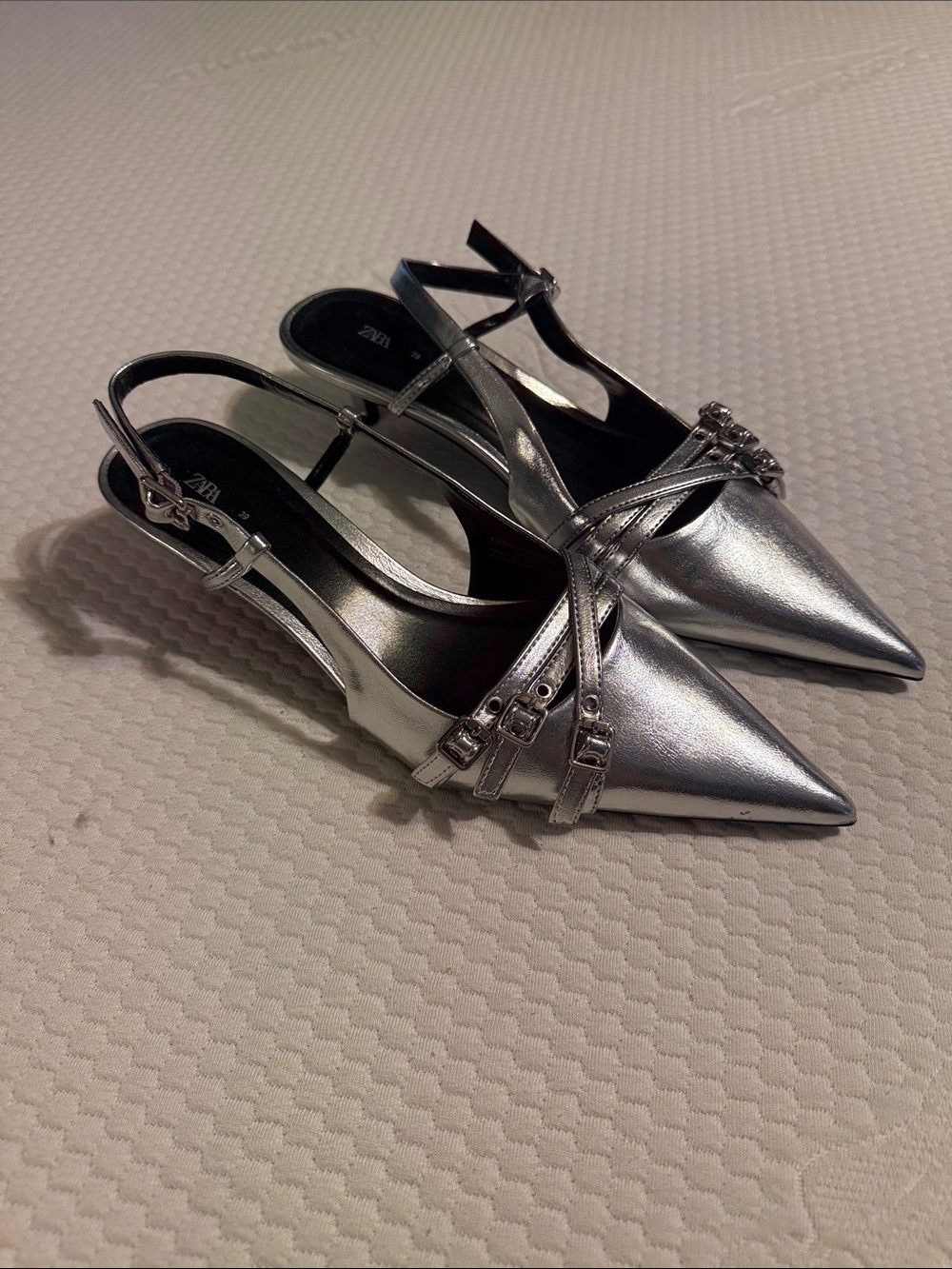 Zara Metallic Silver Pointed Slingback Heels with Buckle Straps